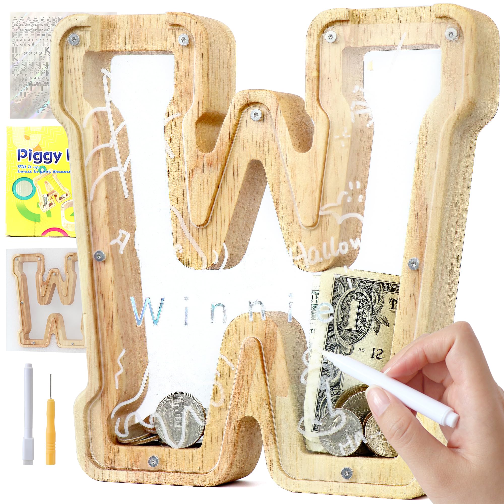 Mikytoper Letter Money Box for Kids Wooden Personalized A-Z Alphabet Piggy Bank Clear Money Bank Coin Bank for Gift Decoration Baptism (W)
