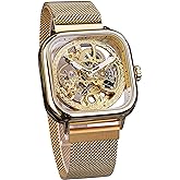 FORSINING Automatic Watches Mechanical Wrist Watch Golden for Mens Skeleton Watches with Stainless Steel Transparent Dial with Royal Flower Movement Carving