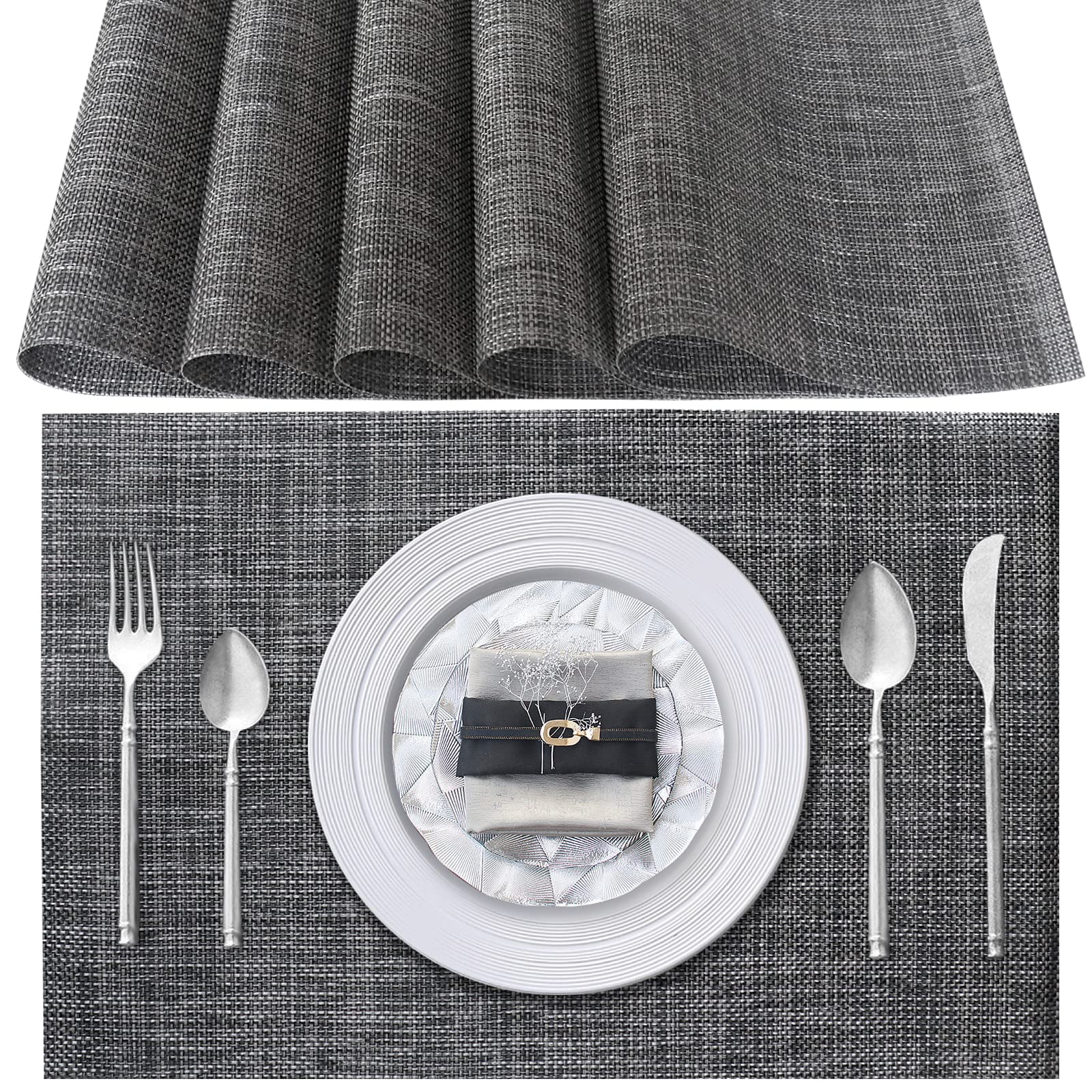 Poligono Washable Placemats, (70% PVC and 30% Polyester) Table Mats set of 6, Non-slip, Heat Resistant, Place Mats for the Kitchen Table, Dark gray