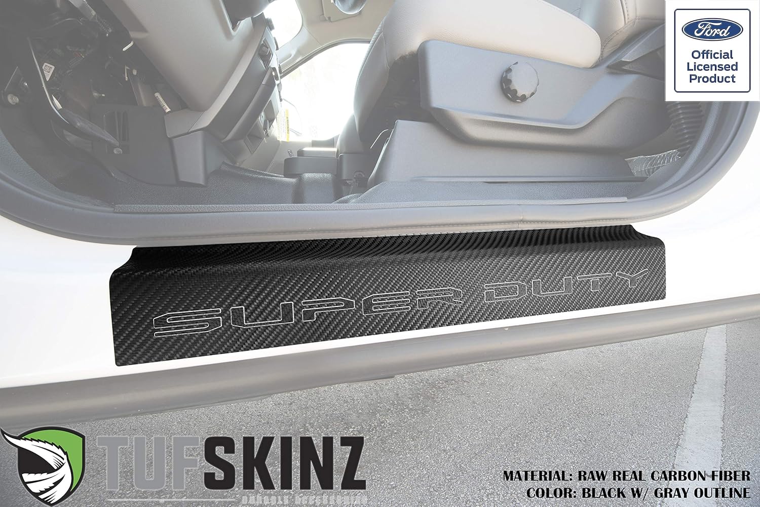 TufSkinz | Front Door Sill Protection - Fits 2017-Up Ford Super Duty - 2 Piece Kit (Real Carbon Fiber, Black w/Gray Outline Logo)