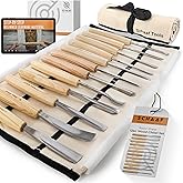 Schaaf Wood Carving Tools 12-pc Wood Chisel Set with Gouges, Cr-V 60 Steel | Full size carving chisels for sculpture and relief carving, ergonomic handles, canvas tool roll, beginner tutorials included