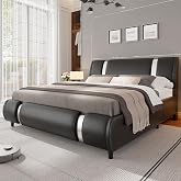 Keyluv Modern Queen Size Bed Frame with Mirror Metal Decoration, Faux Leather Upholstered Platform Bed with Curved Headboard, Wooden Slats Support, No Box Spring Needed, Black