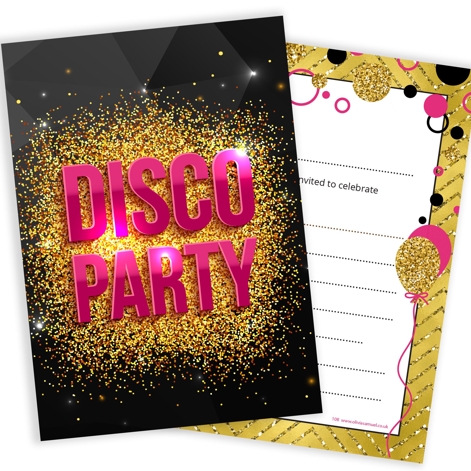 Olivia Samuel 20 x Disco Party Invitations from Girls Pink and Gold Style - Ready to Write with Envelopes