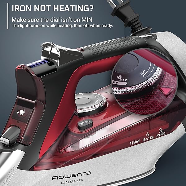 ROWENTA IRON, FOCUS EXCELLENCE STAINLESS STEEL SOLEPLATE STEAM IRON FOR CLOTHES, RETRACTABLE CORD, 400+ MICROSTEAM HOLES, POWERFUL STEAM, LED DISPLAY, 1750 W IRONING CLOTHES, CORDREEL, RED DW5433