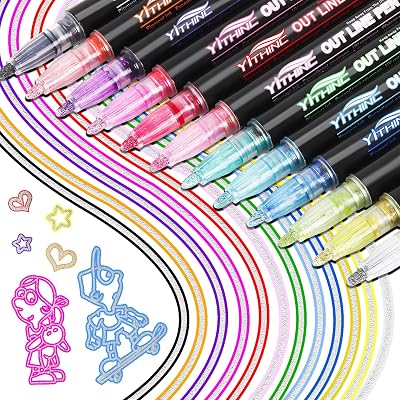 YITHINC 12 Glitter Outline Markers Double Line Metallic Gel Pens 1mm-2mm