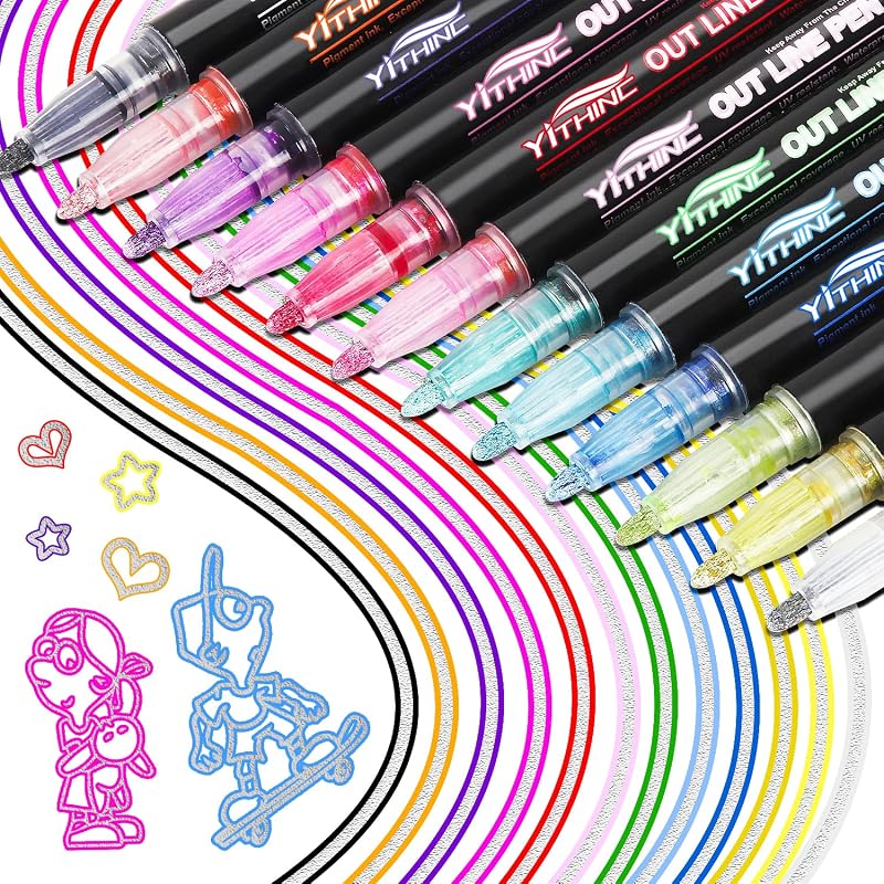 YITHINC 12 Glitter Outline Markers Double Line Metallic Gel Pens 1mm-2mm