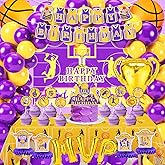 Basketball Party Decorations, 137PCS Basketball Birthday Party Decorations Purple and Yellow Balloons Arch Kit, Basket ball Theme Supplies Backdrop Tablecloth Banners Cake Toppers for Sports