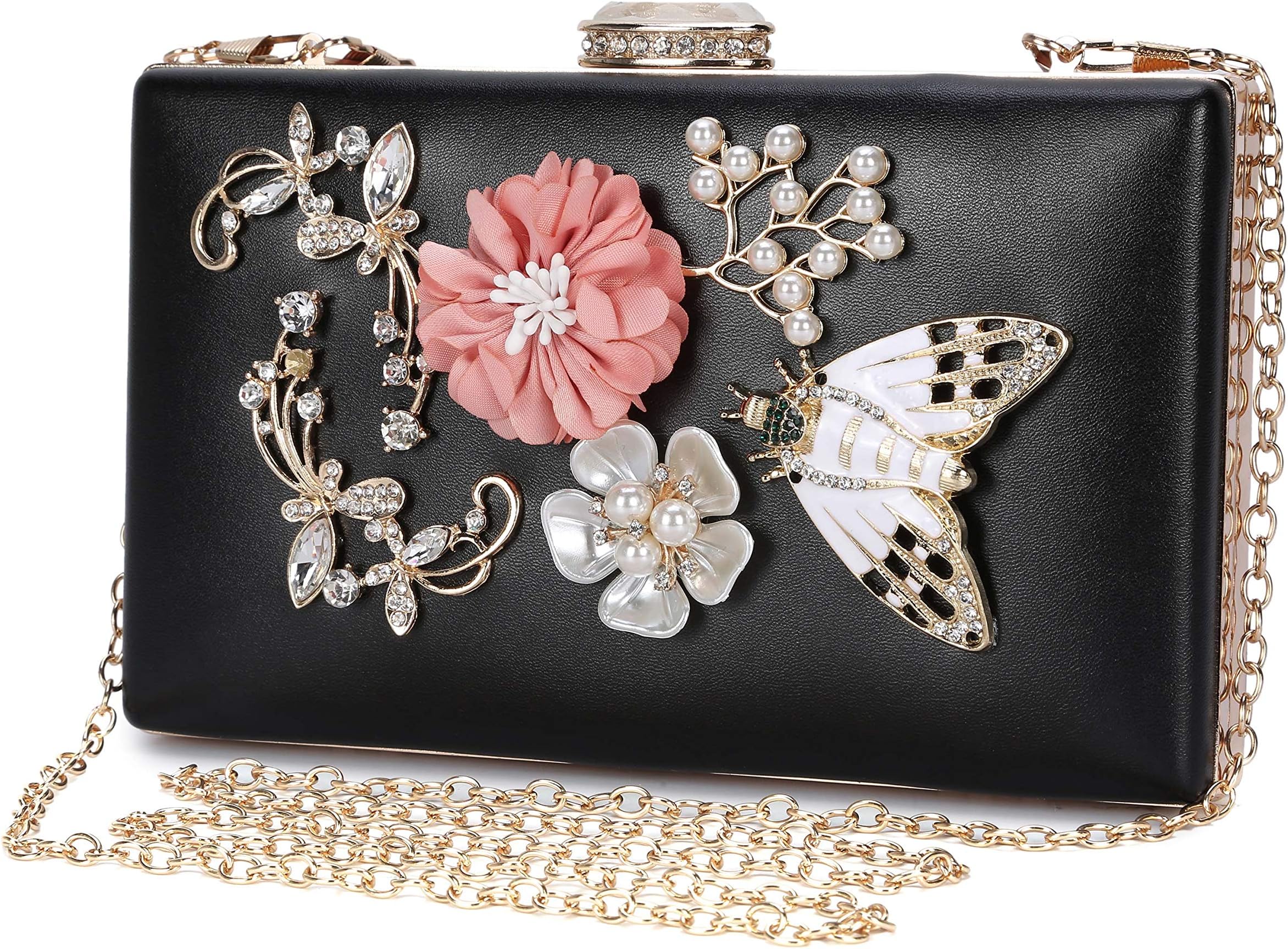 UBORSE Womens Flower Evening Clutches Black