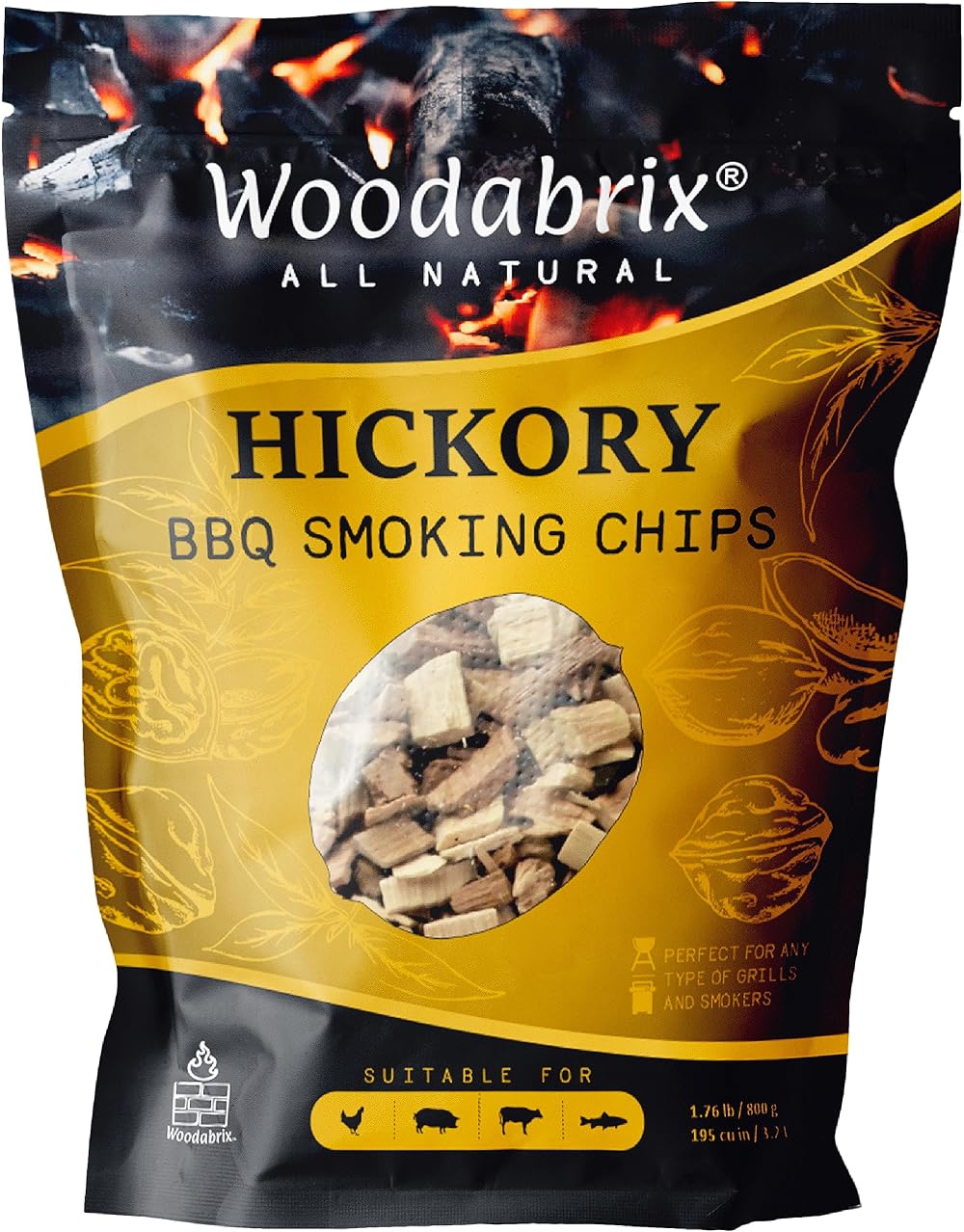 Woodabrix Hickory Wood Chips 800g for Charcoal Gas BBQ Smoker 100% Natural