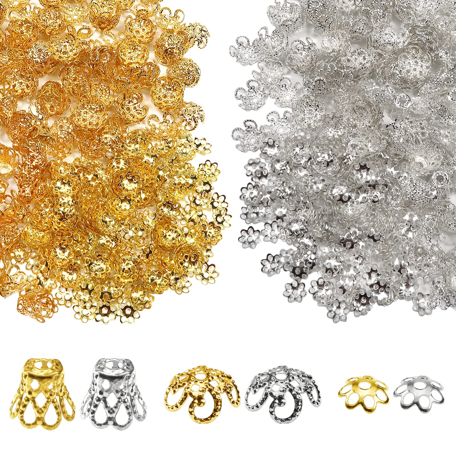 TOAOB 1120pcs Spacer Beads Filigree Bead Caps 6 Styles Silver Tone and Gold Tone Hollow Flower Bead End Caps Spacers 6mm 8mm 10mm for Jewellery Making