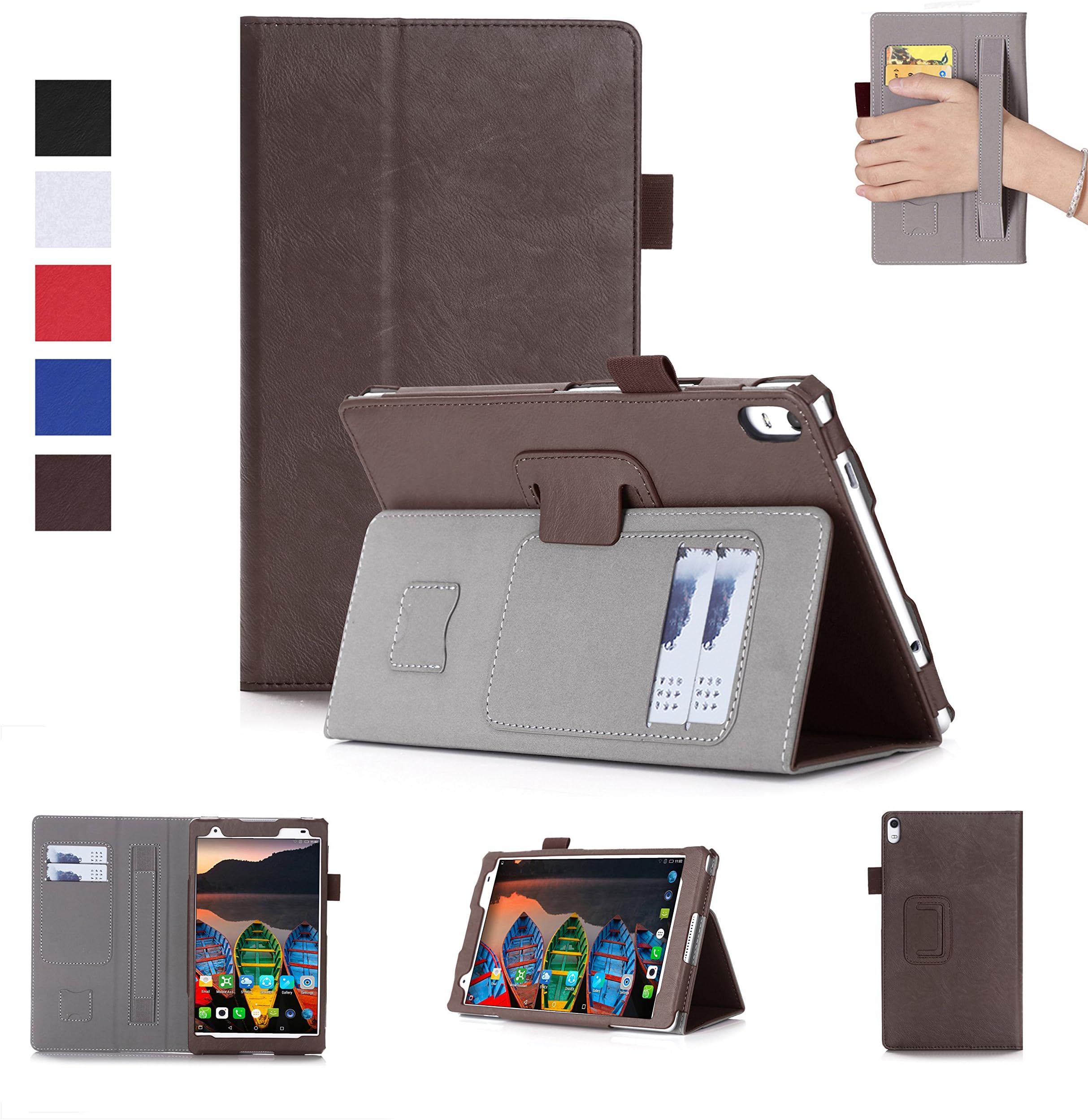 Lenovo Tab 4 plus 8 inch Case TB-8704F/N-Premium PU Leather Case Smart Auto Wake/Sleep Cover with Hand Strap, Card Slots,Ultra Slim Magnetic Smart Cover Case for Lenovo Tab4 plus 8 inch tablet (Brown)