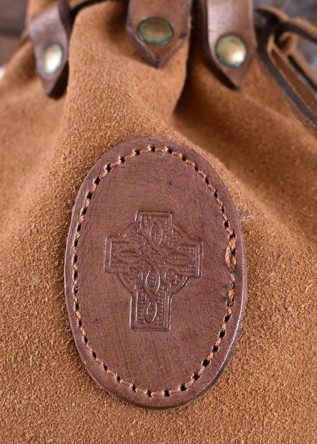 Medieval Drawstring Leather Pouch with Celtic Cross - Bag - Viking Belt Wallet Purse, Beige - Image 4