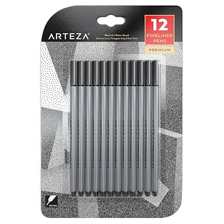 Arteza Fineliner Stifte - Feine Filzstifte 0.4mm Spitze - 12 Schwarze Feinstifte