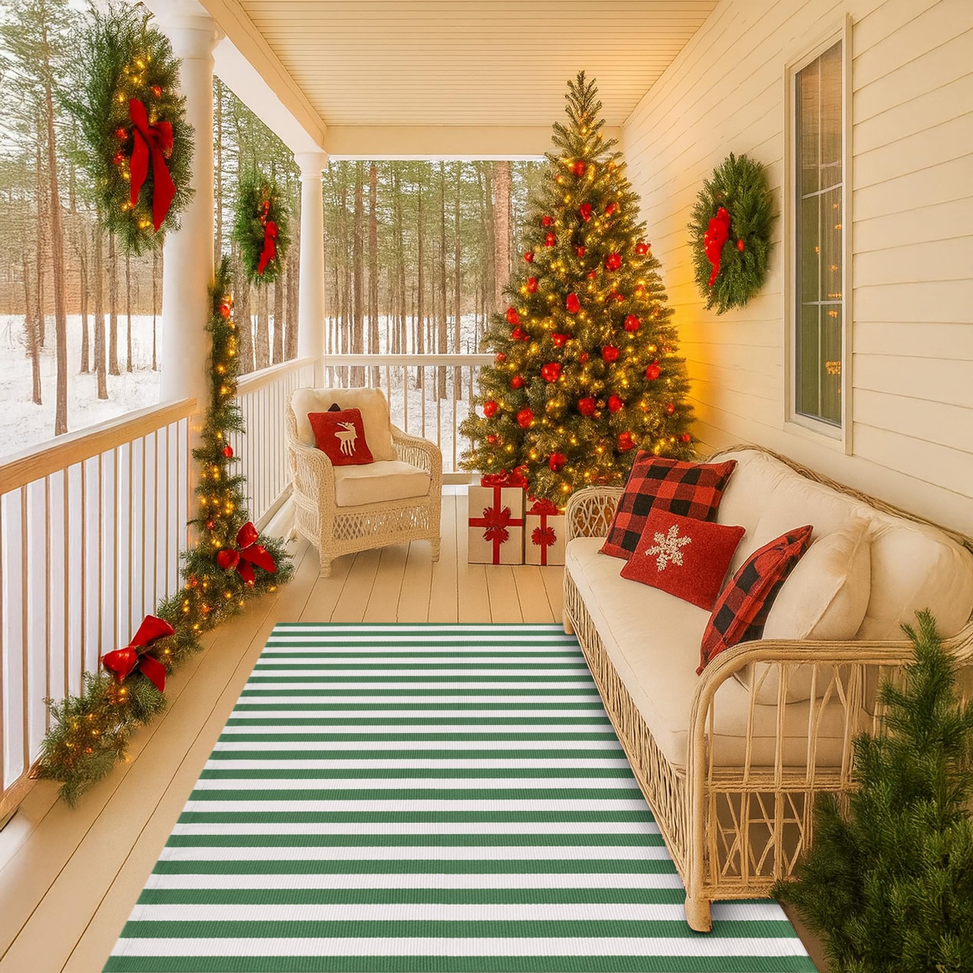 Christmas Green & White Striped Rug - 4' x 6' Outdoor Front Door Decor Mat Cotton Washable Hand-Woven Rug Christmas New Year Holiday Porch Entryway Layered Doormat Image