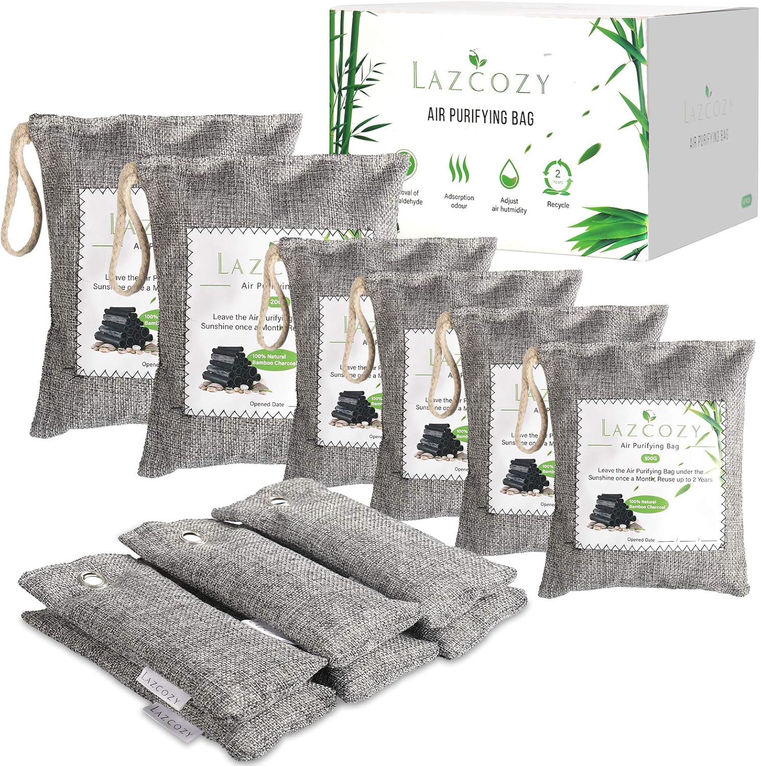 LAZCOZY Bamboo Charcoal Air Purifying Bag, 12 Pack Activated Charcoal Bags Odor Absorber, Closet Air Fresheners, Shoes Deodorizer, Odor Eliminators for Home, Pet, Car(2*200g, 4*100g, 6*50g)
