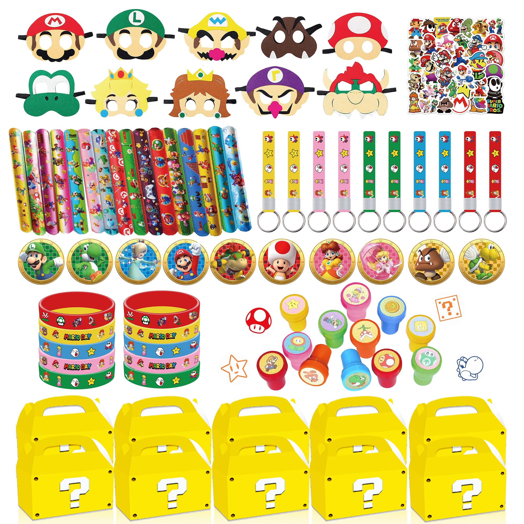 Hatraky 127 PCS Birthday Party Favor Supplies, Birthday Party Decorations Set Includes 50 Stickers, 15 Slap Bracelets, 10 Bracelets, 10 Button Pins, 10 Key chains, 10 Box, 10 Mask, 12 Stamp