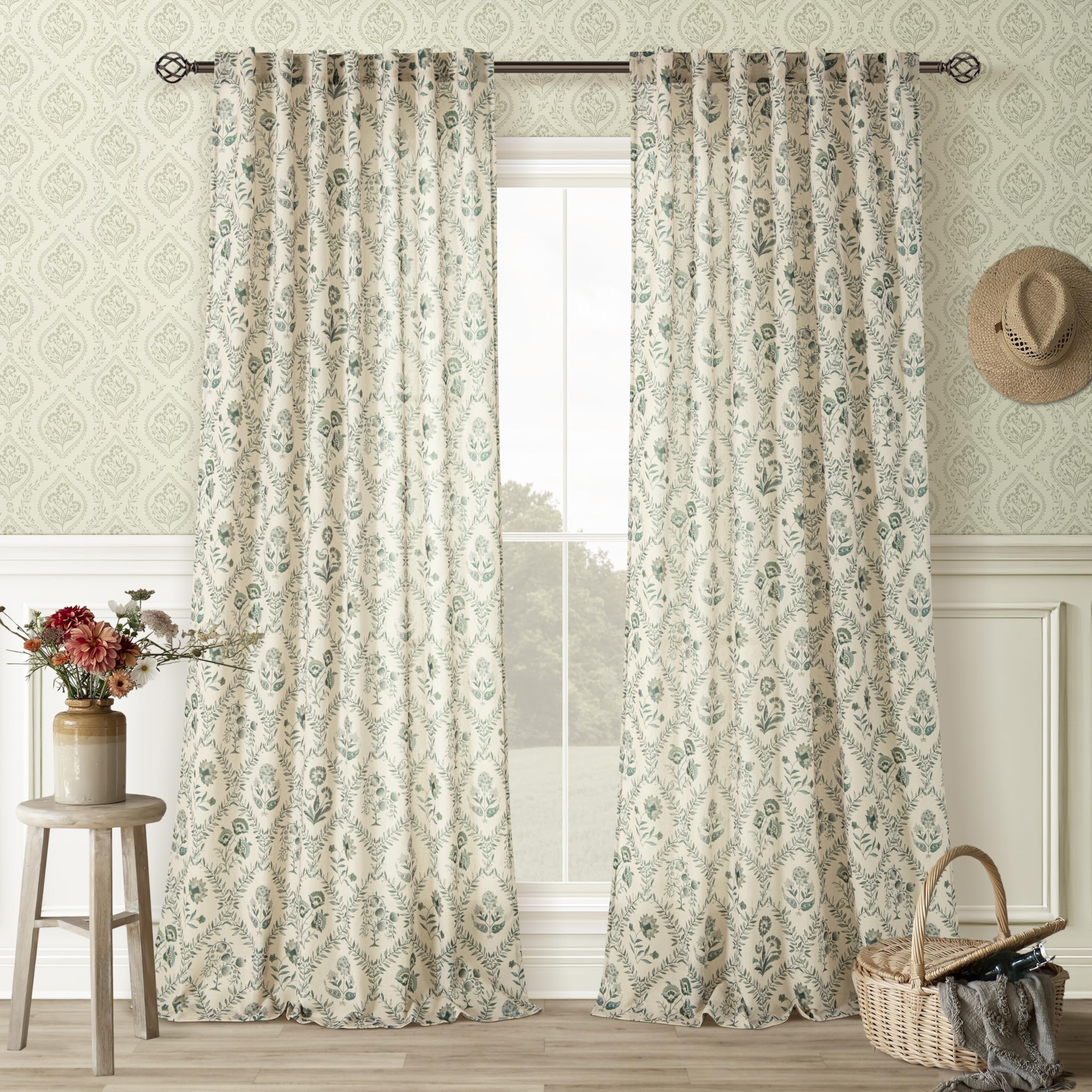 Sage Green Floral 102 Inch Curtains Farmhouse Living Dining Room Back Tab Light Filtering Green Flower Plant Pattern on Beige Linen Curtains Printed Boho French Country Vintage Drapes 102 Inches Long