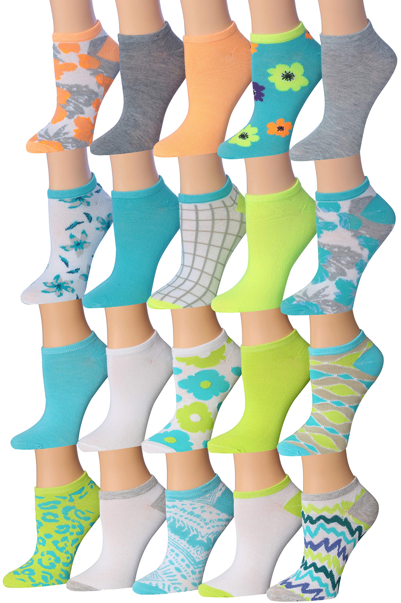 Tipi Toe Women's 20 Pairs Colorful Patterned Low Cut/No Show Socks