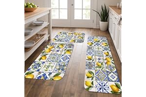 Lemon Floral Kitchen Mats for Floor, Blue and Yellow Vintage Soft Mats, Spring Cushioned Comfort Washable Non Slip Decor Rugs