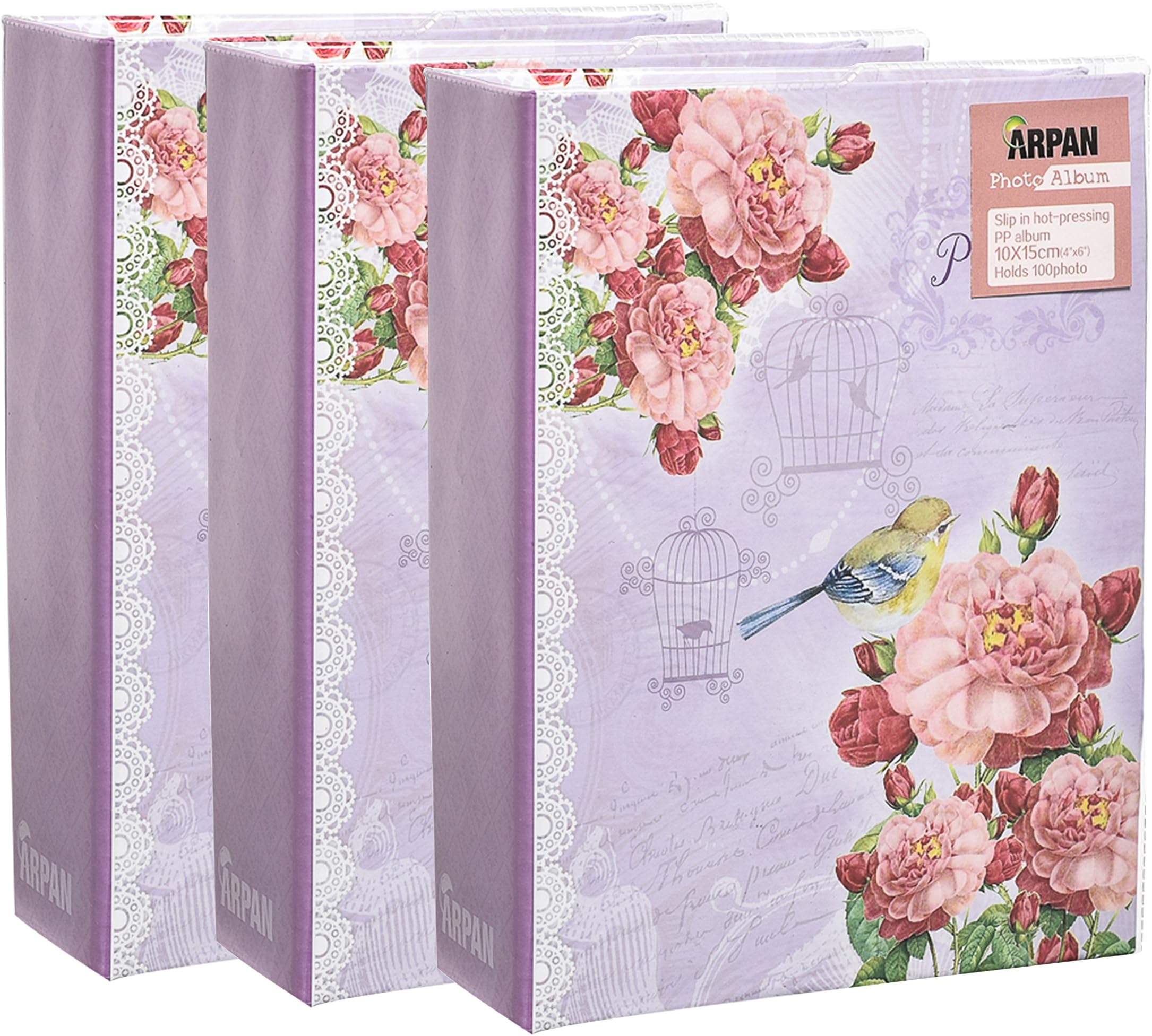 3 x Arpan Slip in Photo Album 10 x 15 cm Holds 100 Photos - Purple