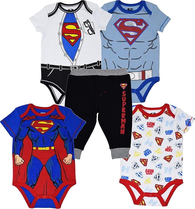 Superman Newborn Baby Boys 5 Piece Bodysuit Pants Outfit Clothing Set 0