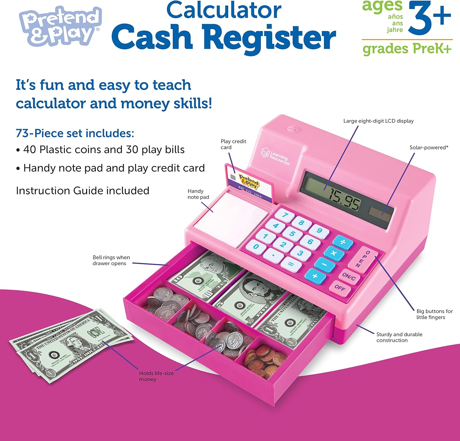Learning Resources Pretend & Play Calculator Cash Register, Classic Counting Toy, 73 Pieces, Ages 3+, Easter Gifts for Kids, Pink: Toys & Games