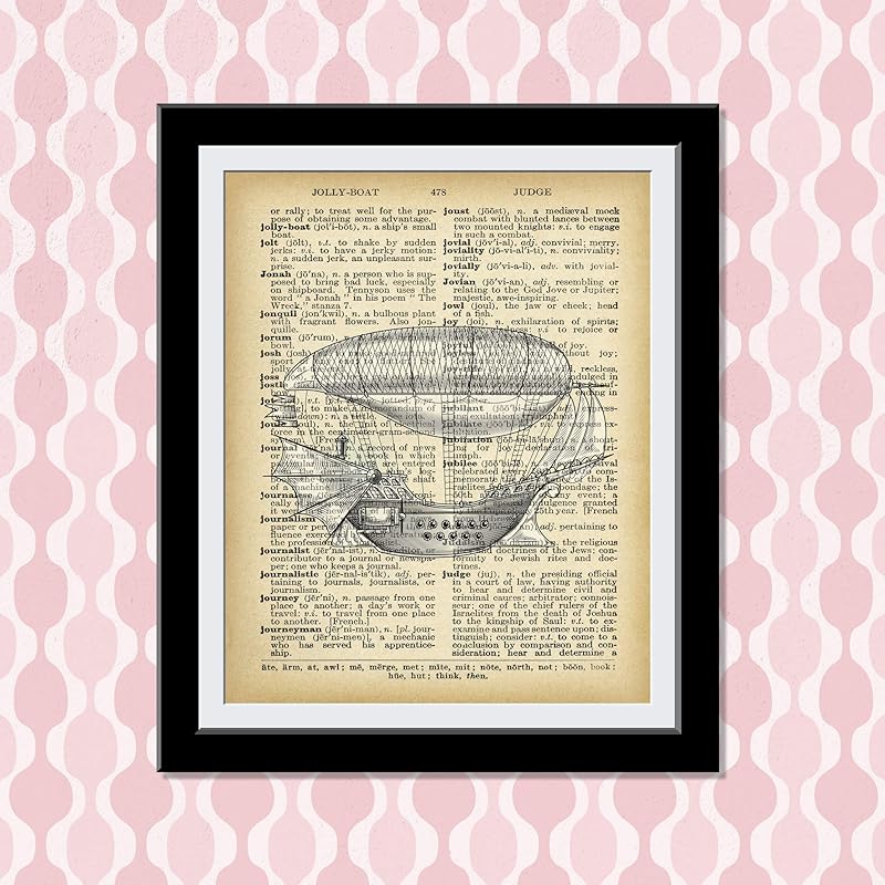 Balloon Ship Dictionary Wall Art Prints - Gift for Steampunk Fans and Hot Air Balloon Enthusiasts - Decor Vintage Print Dictionary Wall Art Pictures Paintings UnFramed…