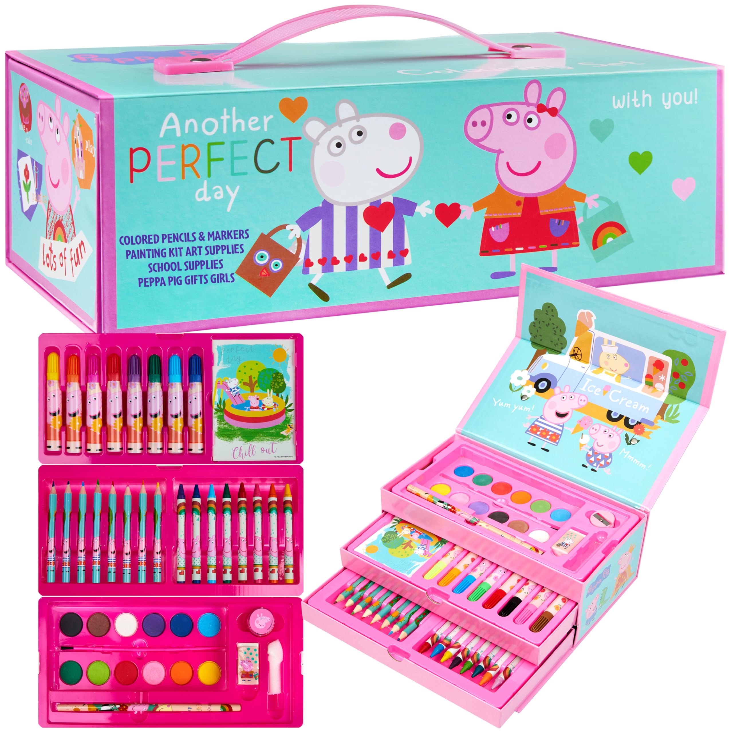 Peppa Pig Art Set Kids Colouring Pencils Felt Tip Pens Crayons Paints Stationery Crafts Girls Art Supplies Preschool Travel 40 Plus Pcs Gift Set