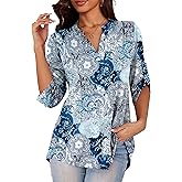 a.Jesdani Women's Plus Size Zip Front 3/4 Sleeve Shirts V Neck Blouses Tunic Top