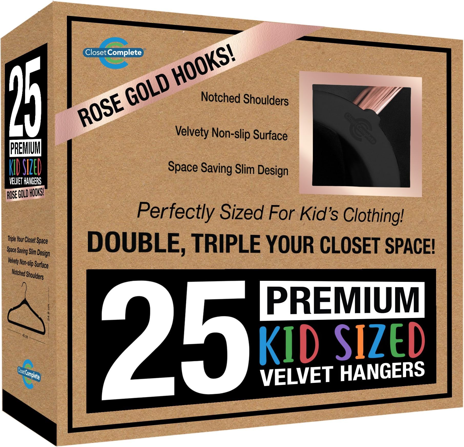Closet Complete Kids Size, Premium Heavyweight, Virtually-UNBREAKABLE, Velvet Hangers, Ultra-Thin, Space Saving, No-Slip, Best Size For Kids 4-15 years, 360º Spin, Rose Gold Hooks, Black, Set of 25