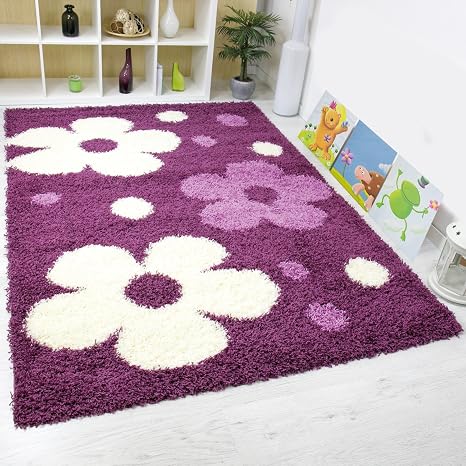 Vimoda Shaggy Hochflor Teppich Blumenmuster In Lila Creme