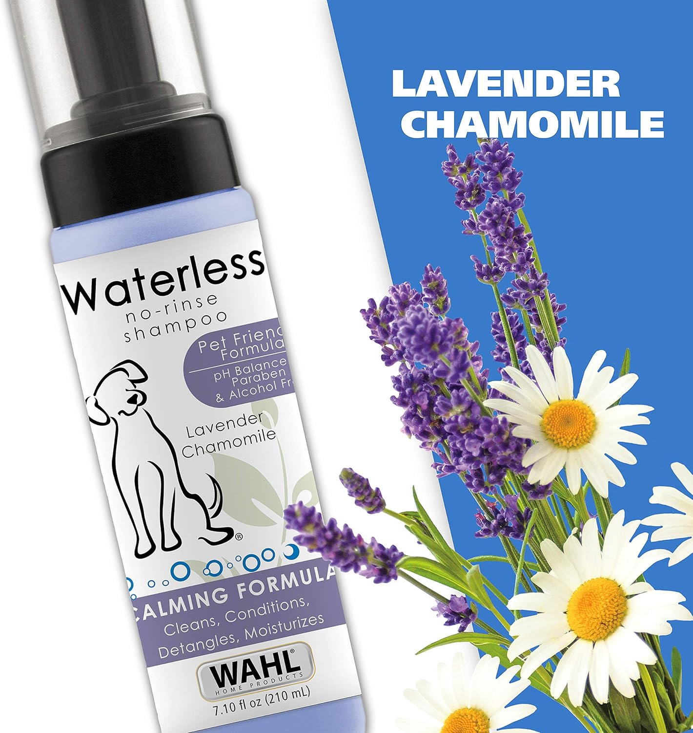 Wahl Pet Friendly Waterless No Rinse Shampoo for Animals – Lavender & Chamomile for Cleaning, Conditioning, Detangling, & Moisturizing Dogs, Cats, & Horses – 7.1 Oz