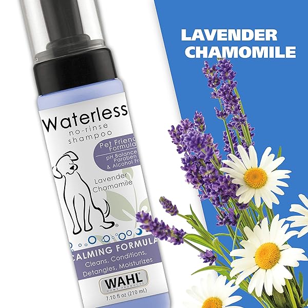 WAHL USA PET FRIENDLY WATERLESS NO RINSE SHAMPOO FOR ANIMALS – LAVENDER & CHAMOMILE FOR CLEANING, CONDITIONING, DETANGLING, & MOISTURIZING DOGS & CATS – 7.1 OZ – MODEL 820014A