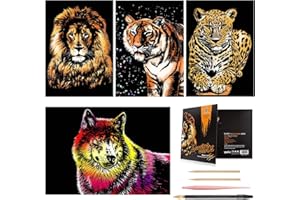 NAIHEY Scratch Art Rainbow Painting Paper, 4 Sheets (A4) Scratch Off Night View with Tools DIY Scratchboard Crafts Womens Hobbies, Engraving Arts for Kids & Adults Scratch Painting Party Gift (Animal 2)