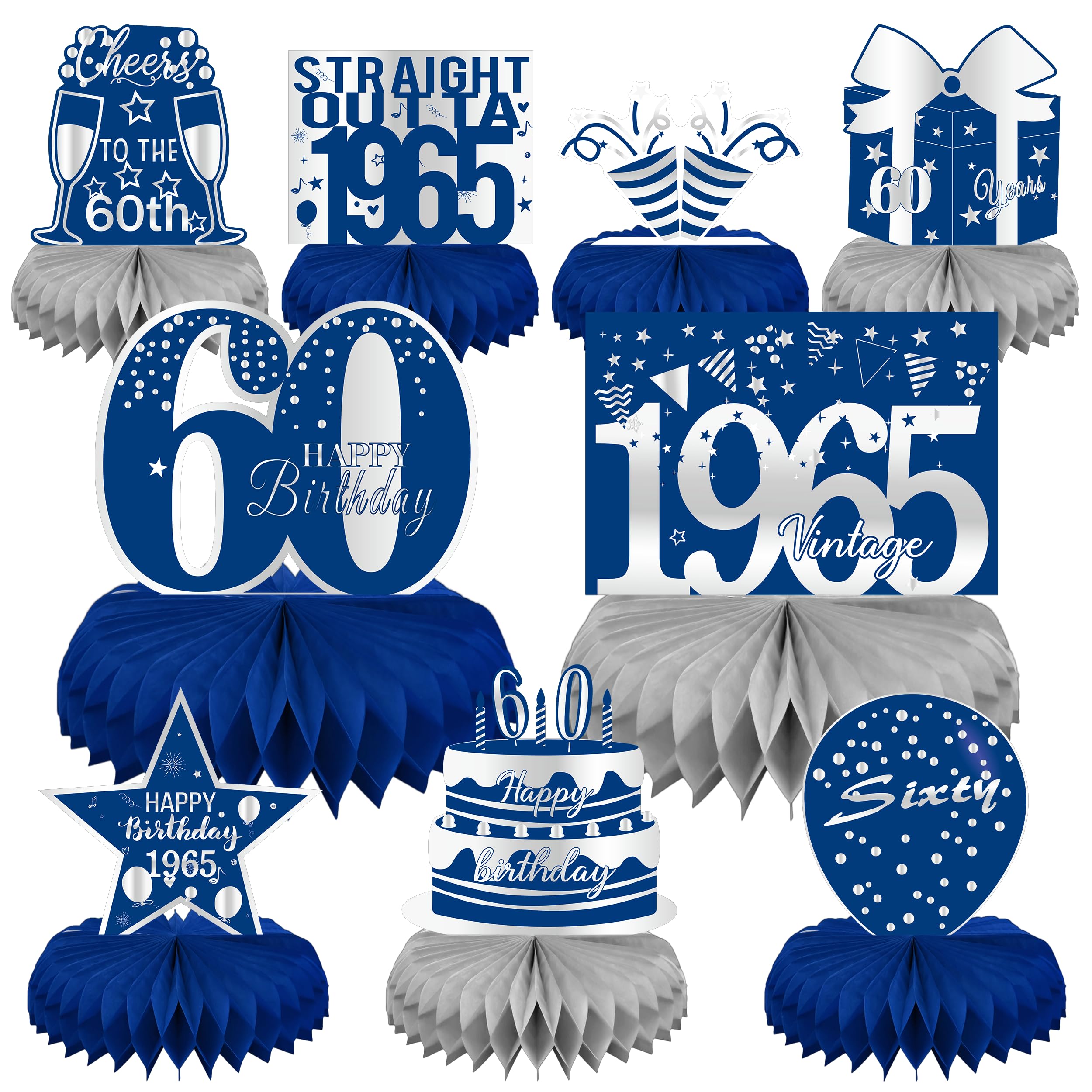 Photo 1 of LINAYE 60th Birthday Decorations for Men - Blue and Silver Honeycomb Centerpieces for 60 Year Old Birthday Party 60th Birthday Centerpieces for Table Sixty Birthday Vintage Decoration Decor
