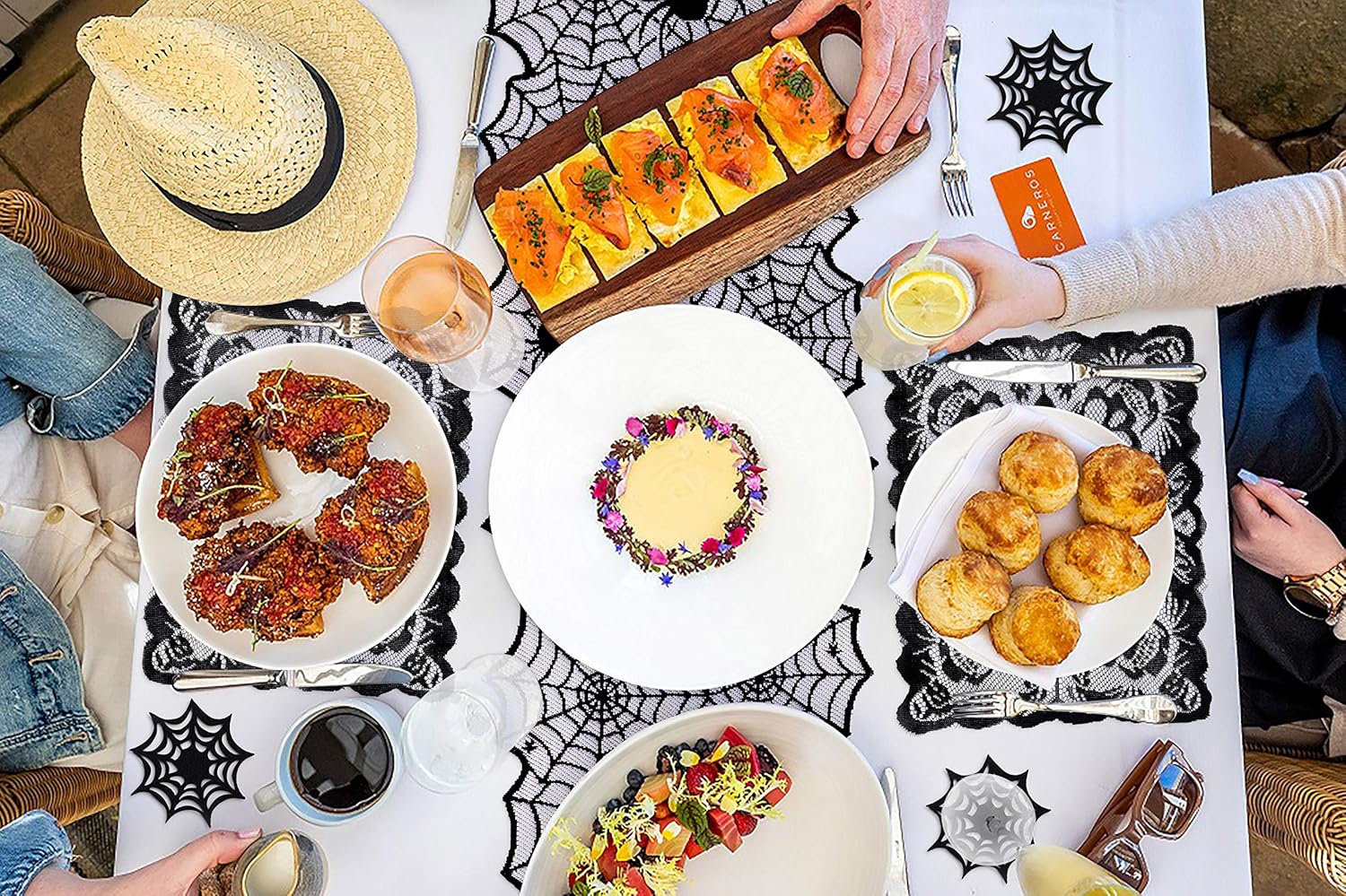 Halloween Table Decorations Set - Spider Web Table Runner/Skull Placemats/Spiderweb Cup Coasters- Desk Hallowmas Decor Party Supplies: Kitchen & Dining