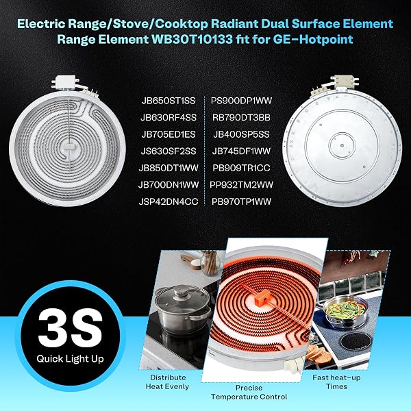 WB30T10133 9IN RADIANT SURFACE ELEMENT FIT FOR GE HOTPOINT ELECTRIC RANGE OVEN STOVE COOKTOP PARTS JB745DF1WW JB630RF1SS JD630SF1SS PS905SP2SS JBP81SM2SS EAP2321567 1PACK LUXRILIX