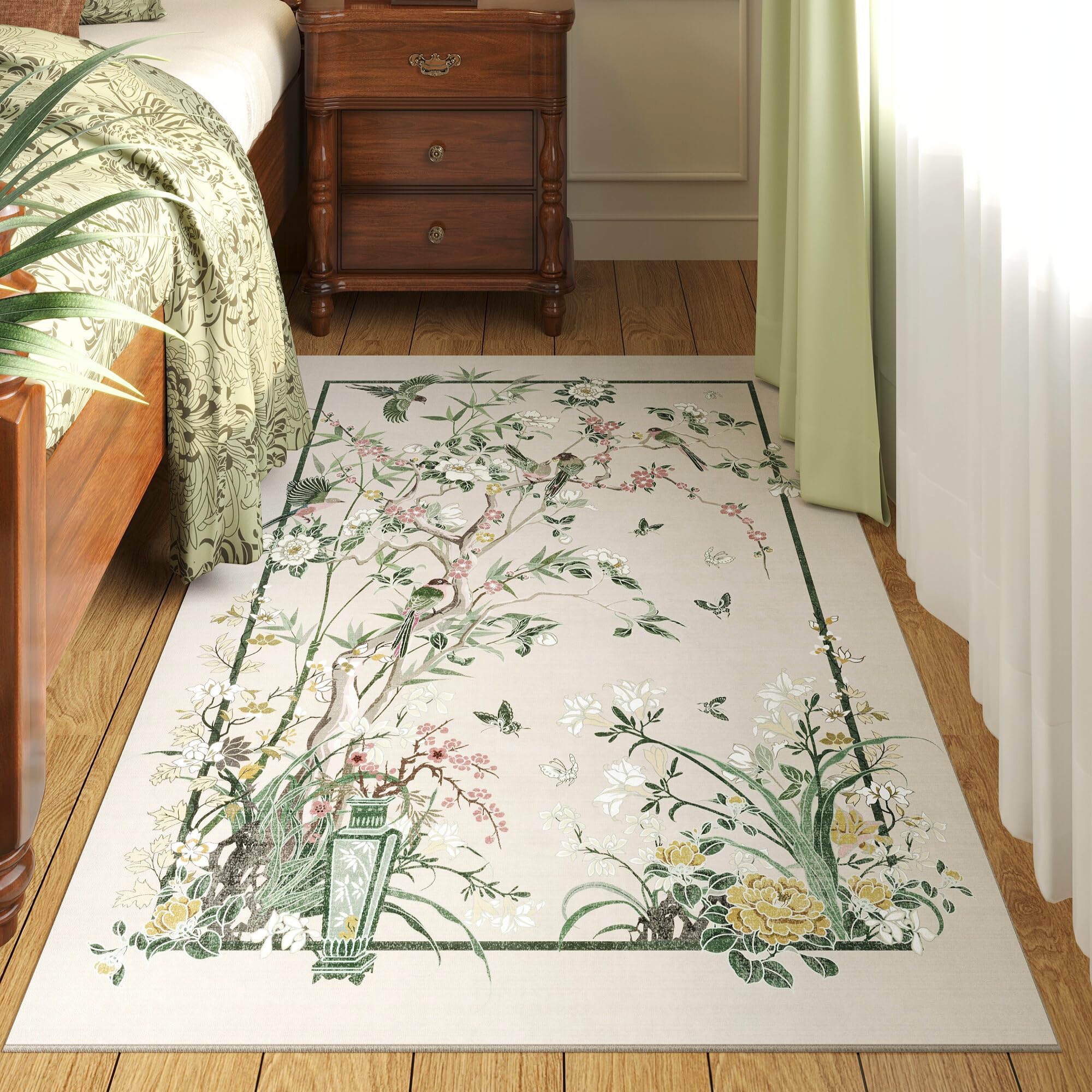 Photo 1 of Vowkten 3x5 Washable Rug Chinoiserie-Style Floral Vintage Area Rug Non Slip Low Pile Small Carpet for Bedroom, Bedside, Kitchen, Entryway, Kids Room, Office, Beige