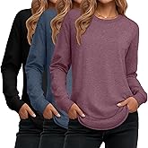 Ficerd 3 Pack Women's Long Sleeve Shirts, Cotton Crew Neck Tunic Tops Casual Loose Fit Pullover Sweatshirts Curved Hem Shirts