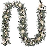 Valery Madelyn 9 Ft Pre-Lit Christmas Garland with Lights for Mantle, Lighted Outdoor Xmas Garland with Silvery White Ball Norfolk Pine for Home Stairs Fireplace Table Centerpiece Indoor Holiday Decor