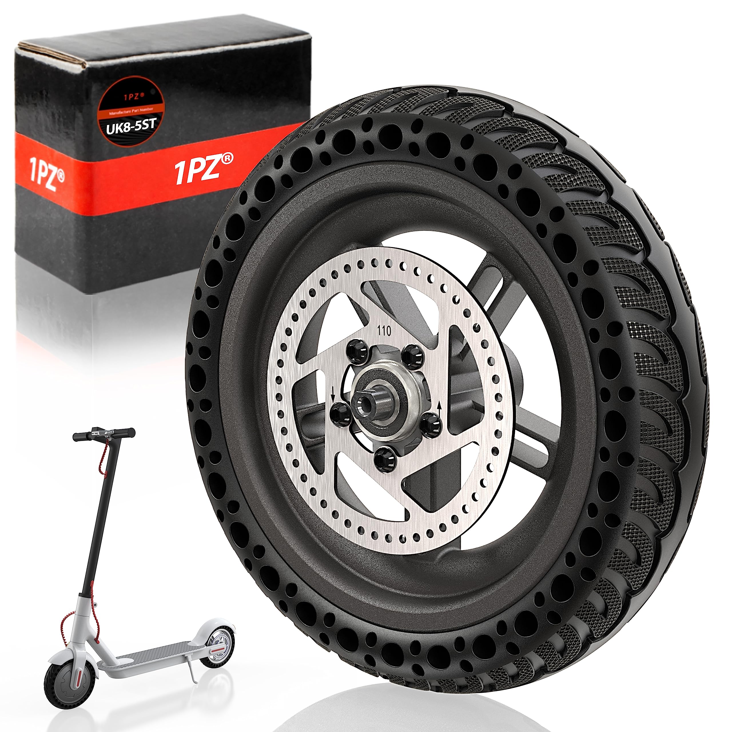 1PZ UK8-5ST 8.5 Inch Scooter Solid Tyre, 8 1/2 Tyre with Aluminium Hub and Disc Brake Replacement for Xiaomi M365 Electric Scooter Back Tyre, 8.5 Inch Honeycomb Puncture Proof Tire Easy Installation