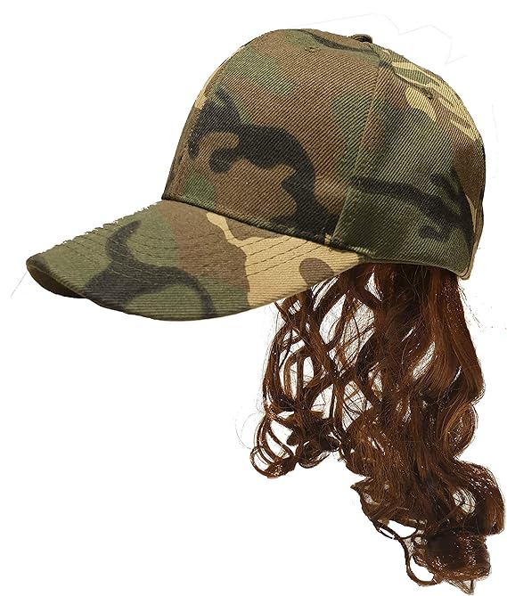 Mullet Camo Hat with Attached Brown Hair Wig for an USA All