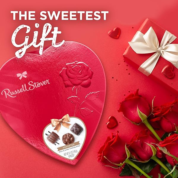 RUSSELL STOVER VALENTINE’S DAY RED FOIL HEART ASSORTED MILK & DARK CHOCOLATE GIFT BOX, 5.1 OZ. (9 PIECES)