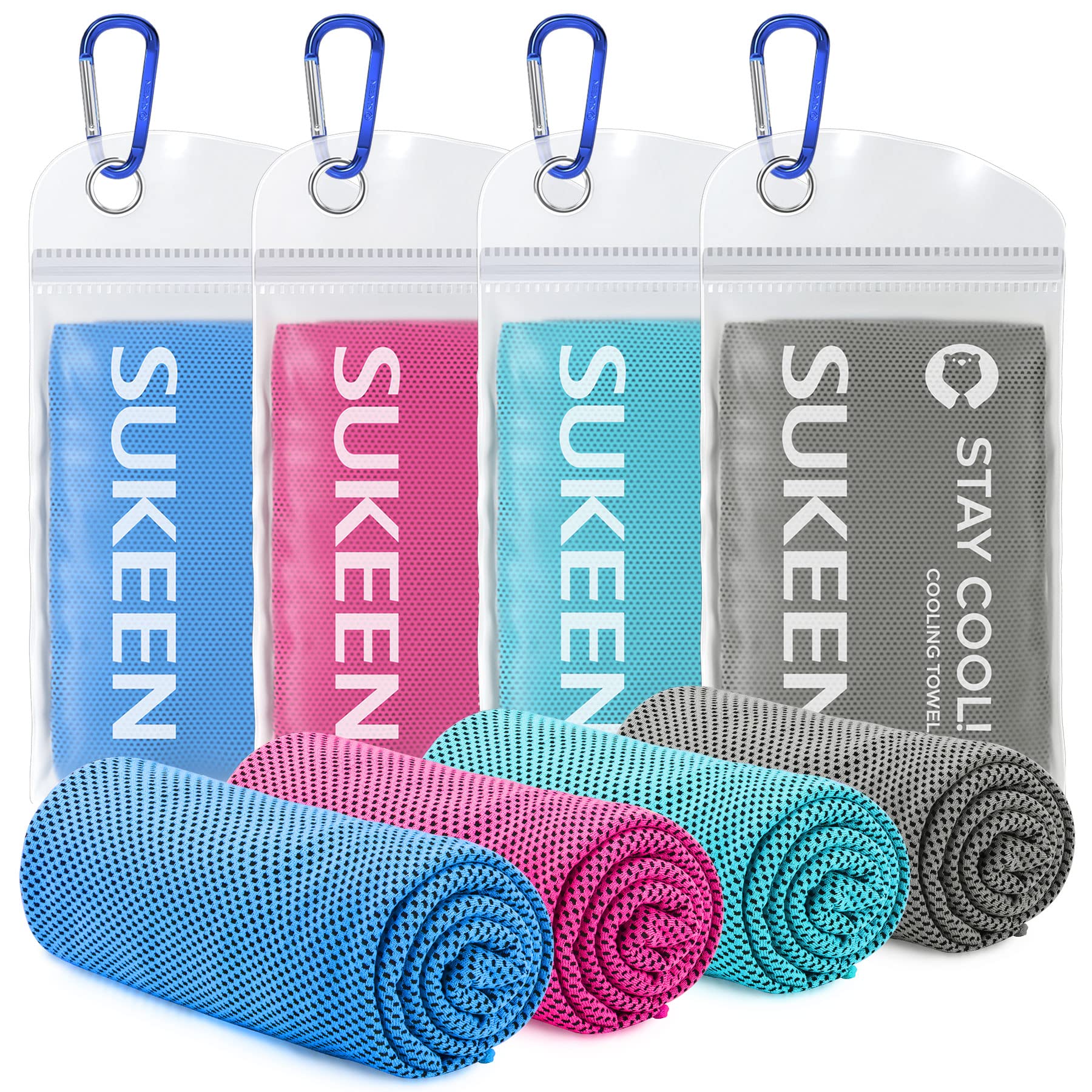 Sukeen Cooling Towel 4 Pack, Instant Ice Cool Down Towel for Neck & Face, UV Protection Breathable Microfiber Cool Towel, Reusable for Golf Running Gym Camping Hiking Outdoor Sports Daily Use