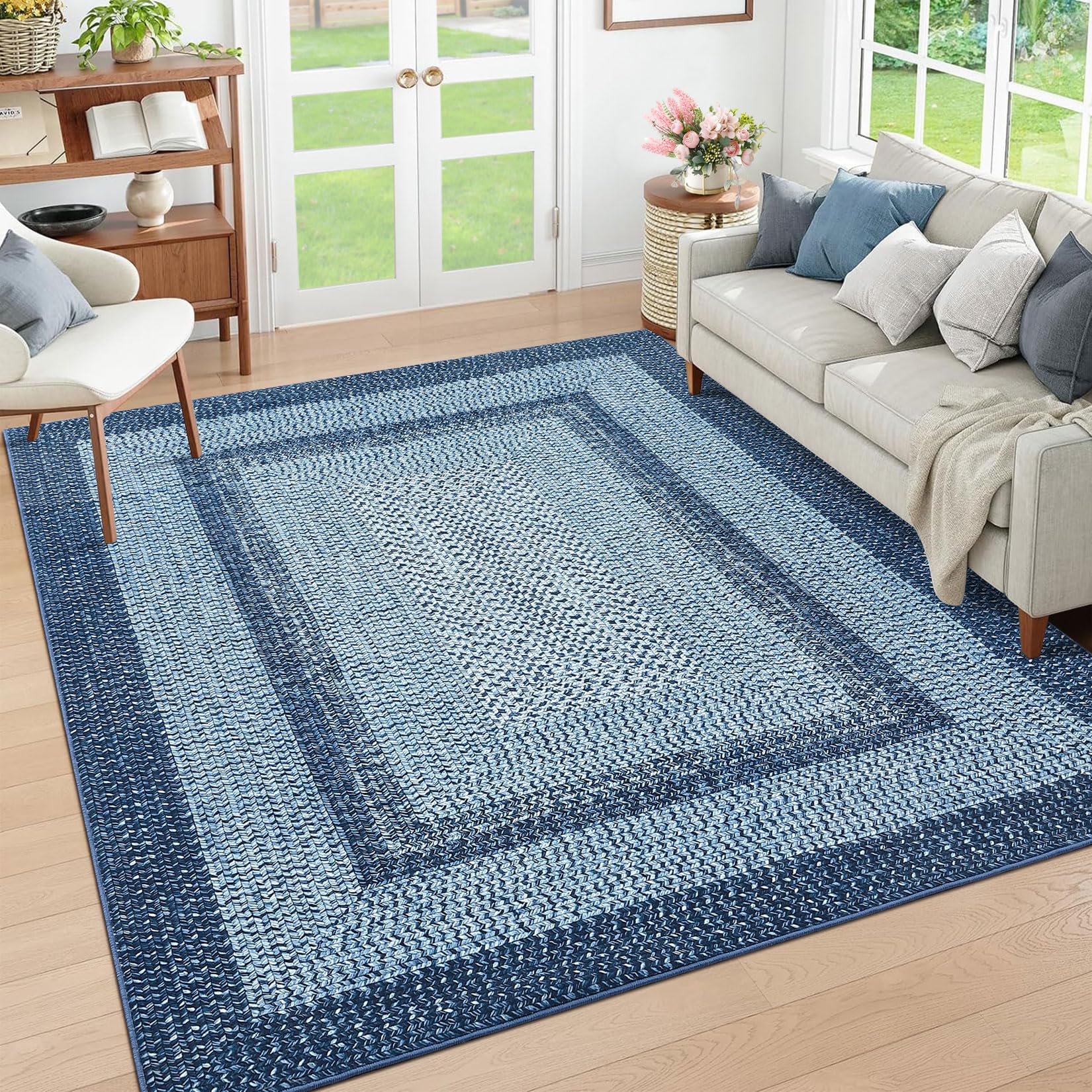 Photo 1 of RUGSREAL Washable Rug 5x7 Boho Accent Carpet Modern Geometric Floor Carpet Indoor Throw Floor Cover Braided Print Rug Low Pile Non Slip Farmhouse Rustic Bohemian Carpet for Living Room Bedroom, Blue