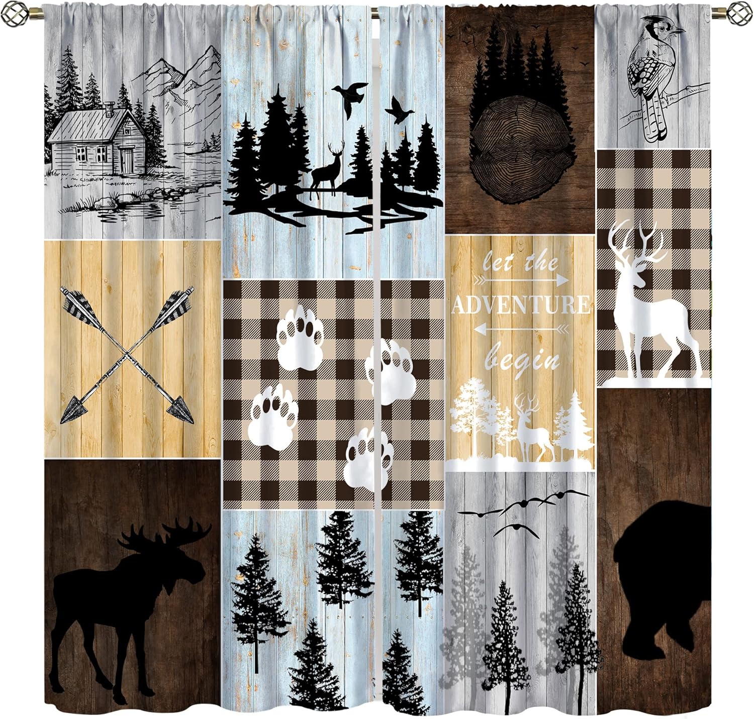 Outdoor Curtains - SENRUEGT Vintage Bear Moose Curtains, Rustic Country Lodge Forest Silhouette Wood Panel Background Home Bedroom Living Room Kitchen Window Drape 42x45 Inch, Brown-2