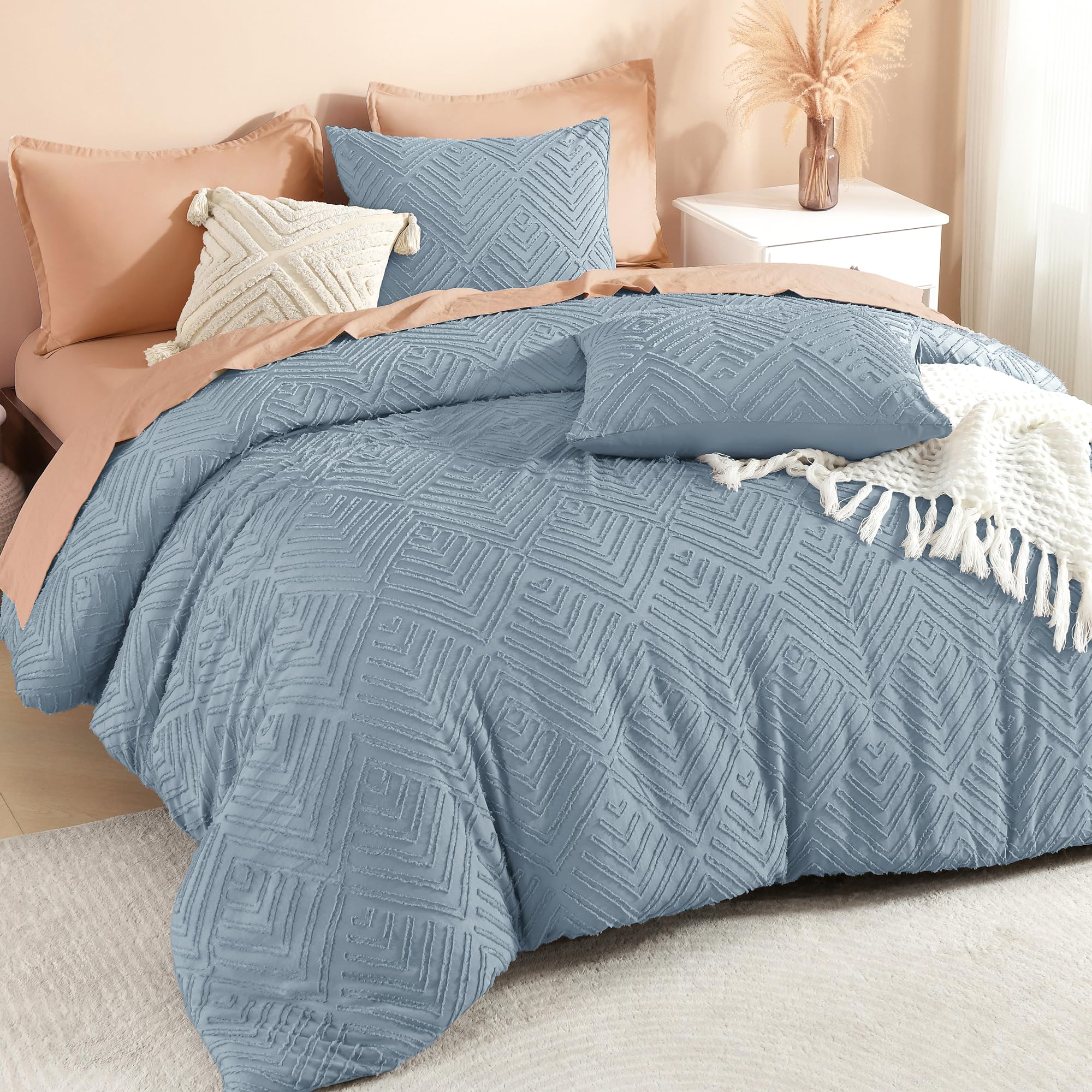 Litanika Grayish Blue Queen Comforter Set, 3 Pieces Tufted Boho Farmhouse Bedding Comforter Sets, Lightweight Fluffy Comforter Bed Set for All Season (90x90In Comforter and 2 Pillowcases) Image