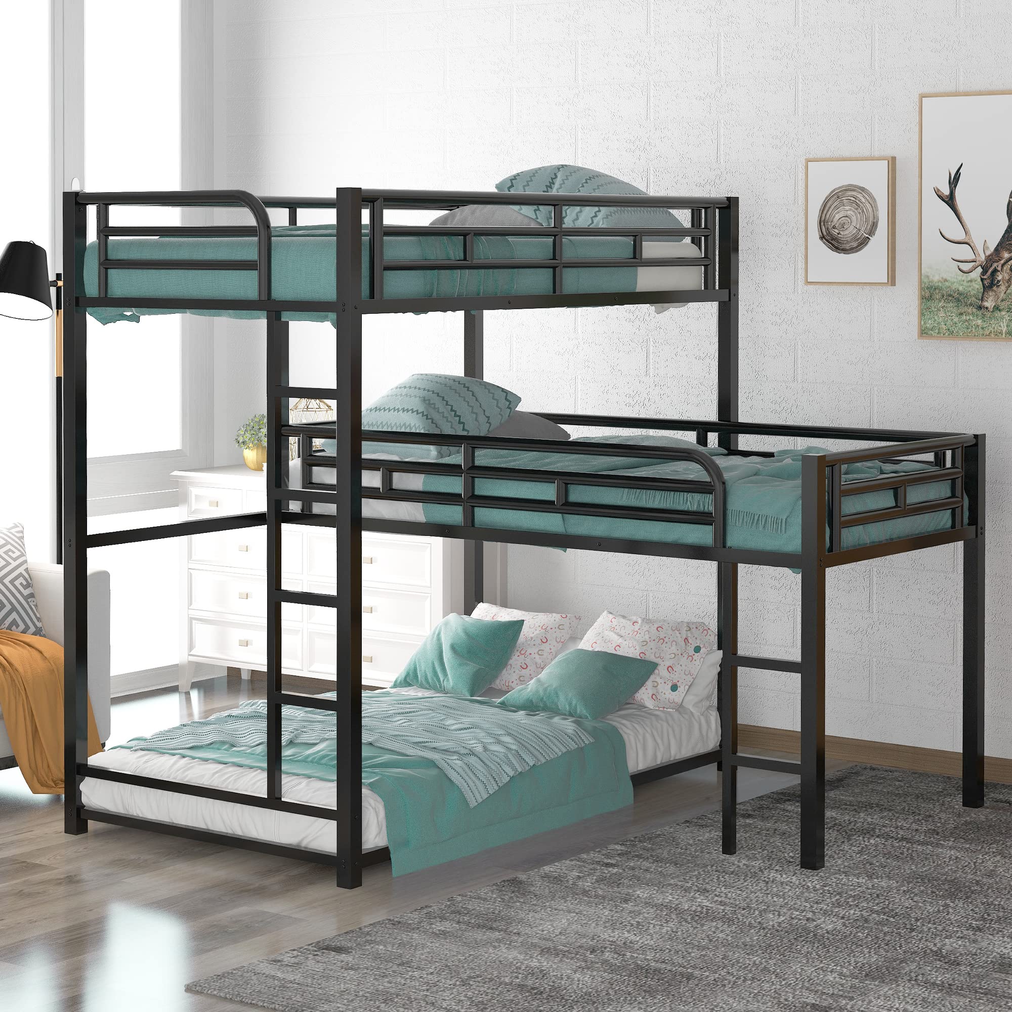 Photo 1 of Metal Triple Bunk Bed, Twin Over Twin Over Twin Bunk Bed, L-Shaped Triple Bed Frame for Kids, Teens, Adults, No Spring Box Needed, Noise-Free, Black