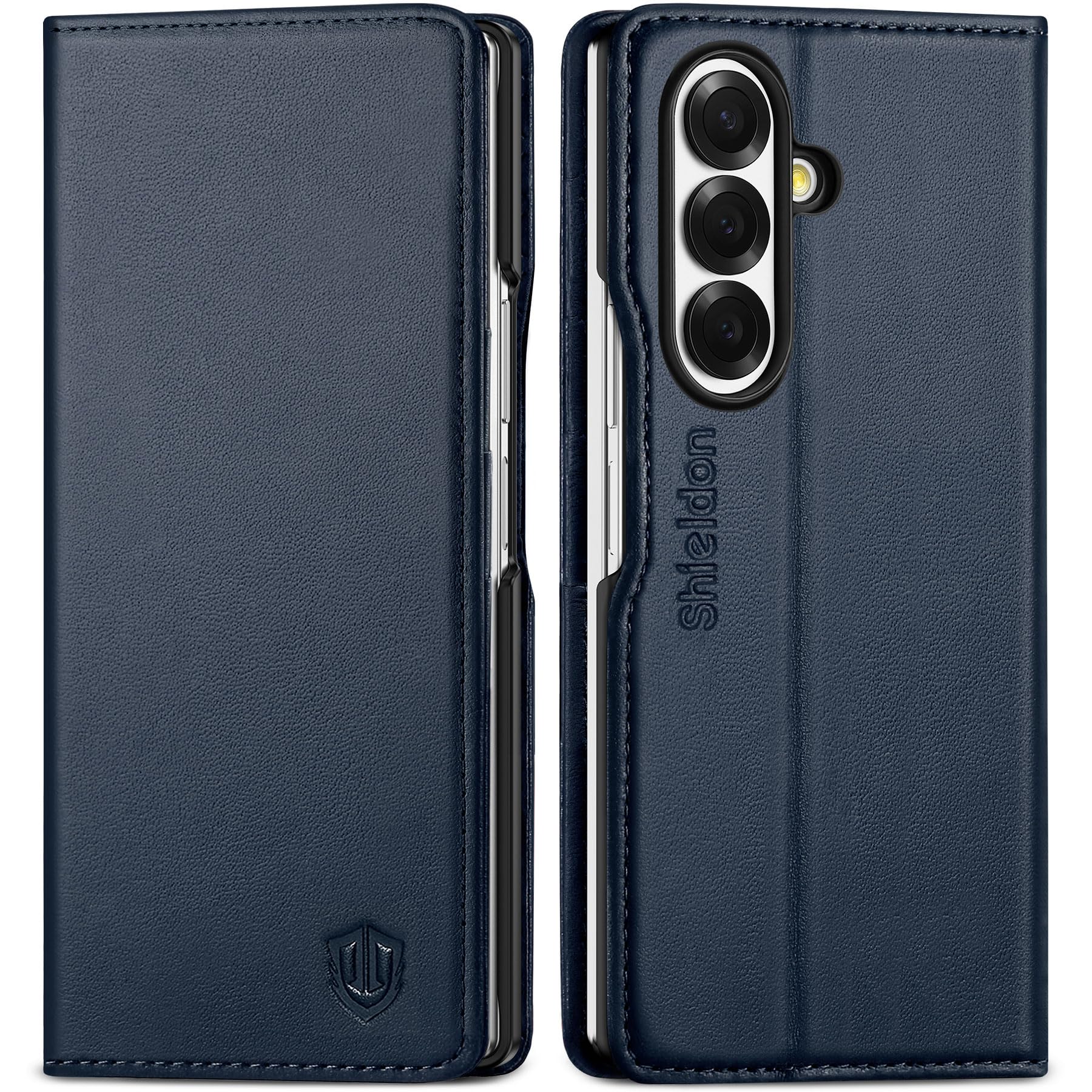 SHIELDON Case Wallet for Galaxy Z Fold 7 8.0-inch 2025, Genuine Leather, Folio Magnetic Cover, RFID Blocking Credit Card Slot, Kickstand, Shockproof Phone Holder for Galaxy Z Fold7 - Navy Blue