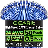 GEARit Cat6 Patch Cables Cat 6 Ethernet Cable 0.5 ft 50-Pack Blue | Ethernet Patch Cable, 10Gbps 550MHz 24AWG Pure Copper, Snagless, Gold Plated RJ45 for Router, Server, Router, PC